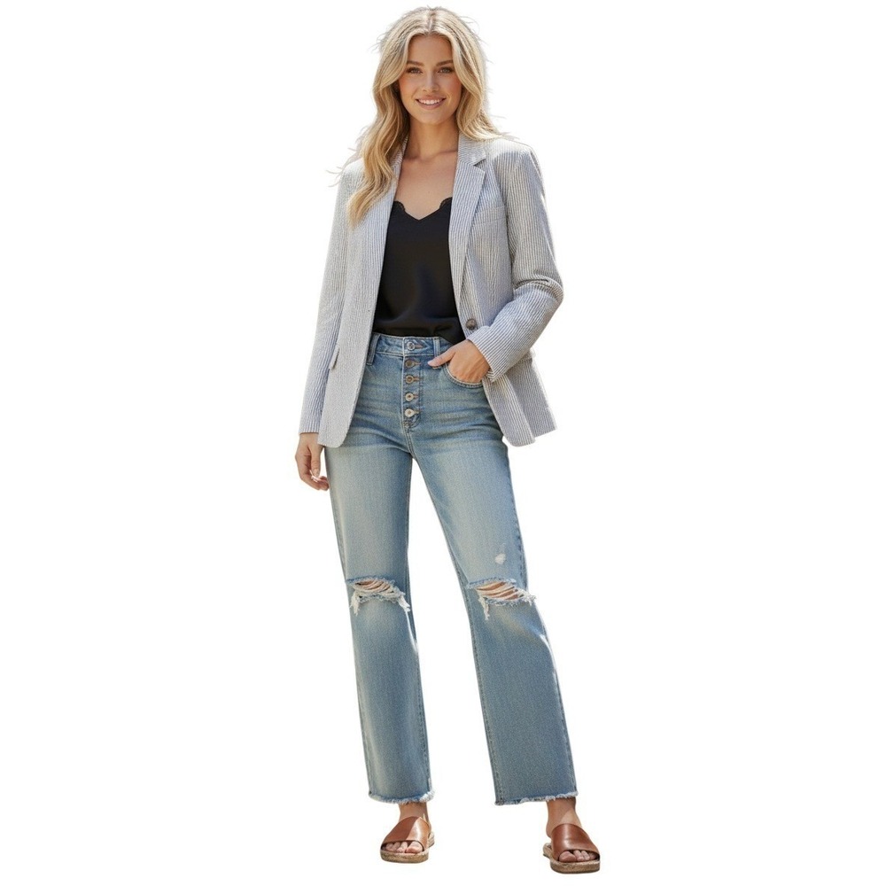 Gap NWOT Navy White 100% Cotton Seersucker Striped Blazer Jacket Coastal 14